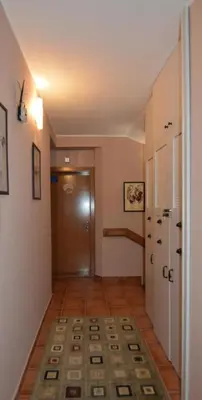a hallway with a door and a rug on the floor at Cvetni konaci-Lenka in Vrnjačka Banja