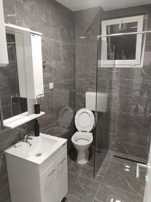 a bathroom with a toilet and a glass shower at Studio IV in Soko Banja