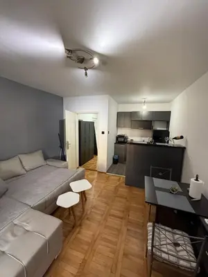 a living room with a couch and a kitchen at Stan na dan Despotovac in Despotovac