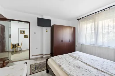 a bedroom with a large bed and a mirror at Apartmani Sokobanja Alexandar in Soko Banja