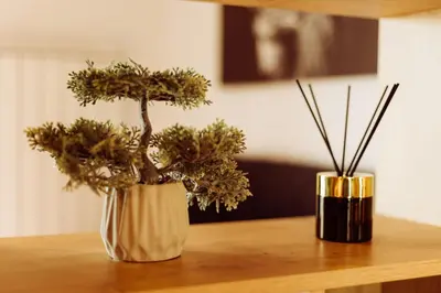 two vases with trees in them sitting on a table at Grey Nest - Luxury Studio Apartment in Planet Residence, Niš in Niš