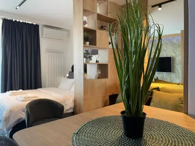 a room with a table with a potted plant on it at Grey Nest - Luxury Studio Apartment in Planet Residence, Niš in Niš