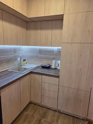 a kitchen with a sink and a counter top at Star Apartman in Vranje
