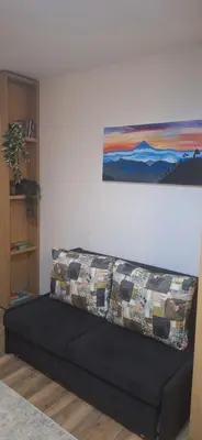 a couch in a living room with a painting on the wall at Sweet dreams apartman in Kopaonik