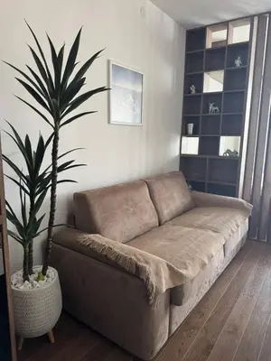 a couch in a living room with a palm tree at Palas Central Delux & SPA in Niš