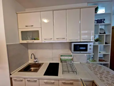 a kitchen with white cabinets and a sink and a microwave at Zlatibor studio Lilly in Bukorovac