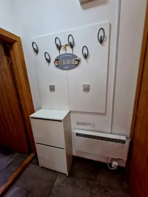 a kitchen with a white refrigerator and a radiator at Zlatibor studio Lilly in Bukorovac