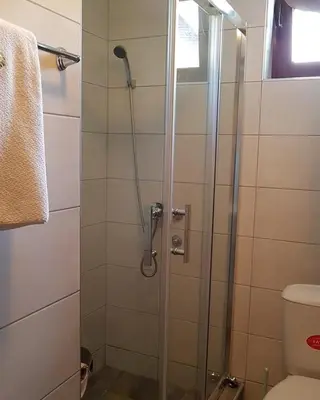 a shower with a glass door in a bathroom at Zlatibor studio Lilly in Bukorovac