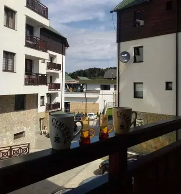 two cups on a balcony with a view of a building at Zlatibor studio Lilly in Bukorovac