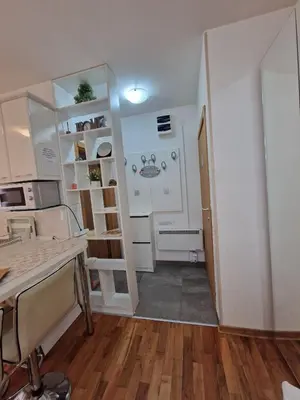 a small kitchen with a staircase leading into a room at Zlatibor studio Lilly in Bukorovac