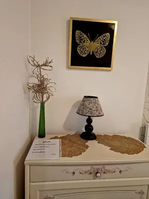 a table with a butterfly picture and a lamp on it at Zlatibor studio Lilly in Bukorovac
