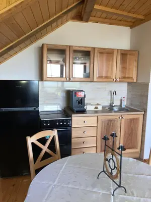 a kitchen with a black refrigerator and a table at Semeteška bajka in Raška