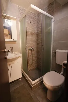 a bathroom with a shower with a toilet and a sink at Mladenović Kuća in Kopaonik