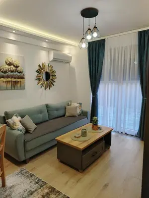 a living room with a couch and a coffee table at Apartman Amber Vrnjačka Banja in Vrnjci