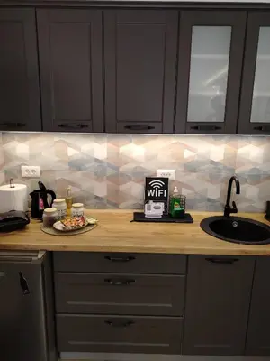 a kitchen counter with a sink and a plate of food at Apartman Amber Vrnjačka Banja in Vrnjci
