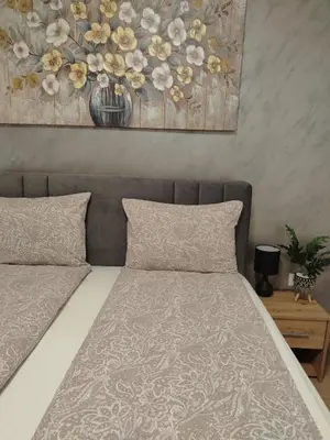 a bedroom with a bed with a painting on the wall at Apartman Amber Vrnjačka Banja in Vrnjci