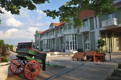 a horse drawn carriage in front of a building at Hotel Zeleni Vir in Niš
