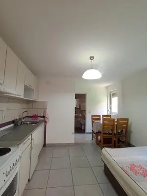 a kitchen and dining room with a table and chairs at Smeštaj Golubica 1 in Soko Banja