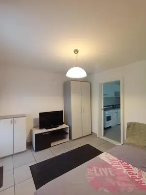 a living room with a bed and a tv and a couch at Smeštaj Golubica 1 in Soko Banja
