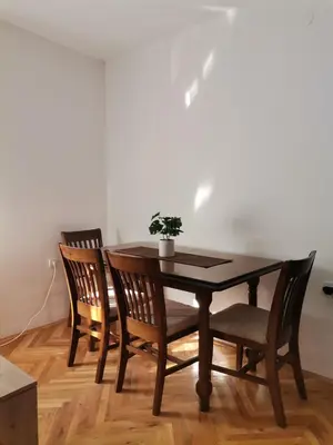 a dining room table and chairs with a potted plant on it at Apartman Pače in Raška