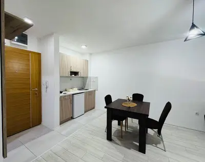a kitchen with a table and chairs in a room at Aqua Apartments 3 in Jagodina