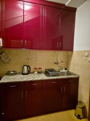 a kitchen with red cabinets and a sink at Toplica in Vrnjačka Banja