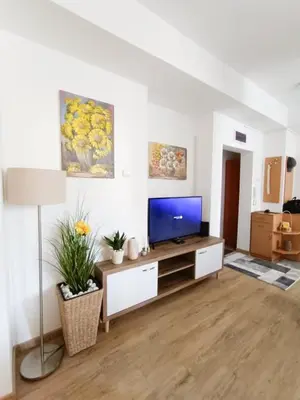 a living room with a flat screen tv on a cabinet at Apartman Viševac Vranje in Vranje