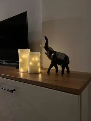 a statue of a dinosaur on a table with candles at Apartman Malićanin in Vrnjačka Banja