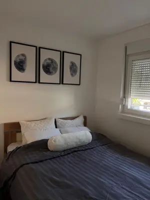 a bedroom with a bed with four pictures on the wall at Apartman Malićanin in Vrnjačka Banja