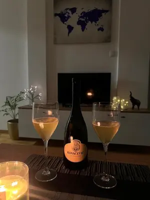 a bottle of wine and two glasses on a table at Apartman Malićanin in Vrnjačka Banja