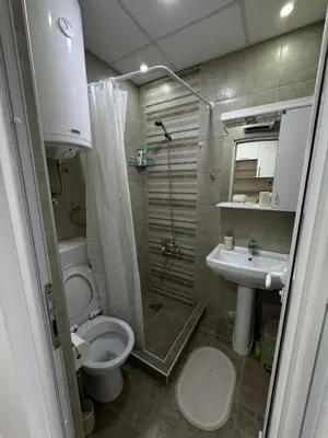 a bathroom with a shower and a toilet and a sink at Apartmani Luna, Borsko jezero in Bor