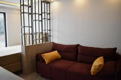 a brown couch with two yellow pillows in a room at Hop Na Kop Studio Apartman in Kopaonik