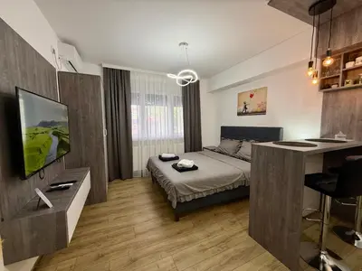 a bedroom with a bed and a desk in a room at Royal Apartmani 3 in Paraćin
