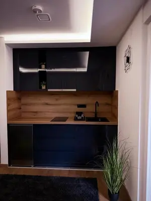 a kitchen with black cabinets and a sink at CHlLL HILL in Vrnjačka Banja