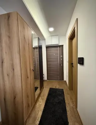 a hallway with a large wooden door and a rug at CHlLL HILL in Vrnjačka Banja