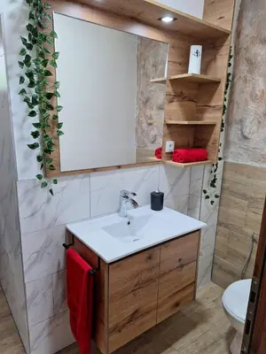 a bathroom with a sink and a mirror at Apartmani Park Cuprija in Ćuprija