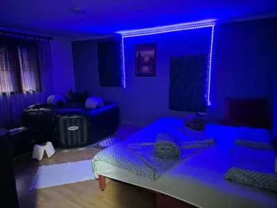 a blue room with a bed and a table in it at Apartman Sweet Dreams in Svrljig
