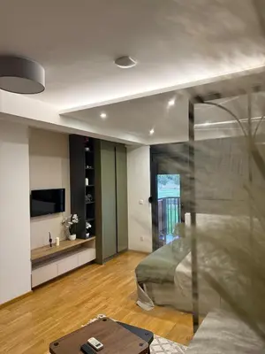 a bedroom with a bed and a tv and a couch at Studio Crnjanski in Jagodina