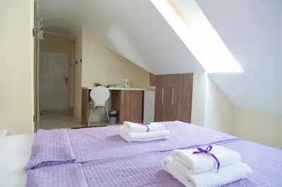 a bedroom with two towels on a purple bed at Niš City Center Guest House in Niš