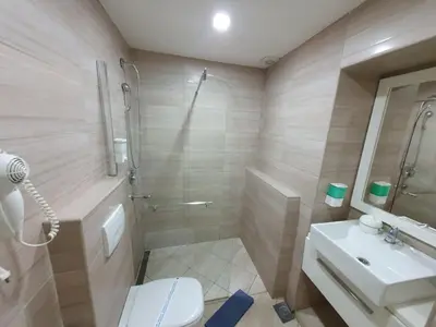a bathroom with a shower and a toilet and a sink at Niš City Center Guest House in Niš