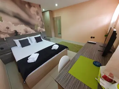 a bedroom with a bed and a desk with a television at Niš City Center Guest House in Niš