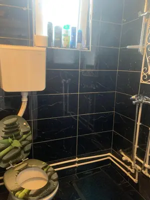 a bathroom with a toilet and a black tiled wall at Kuća Sokolovića in Zaječar