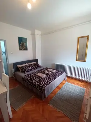 a bedroom with a bed and a mirror on the wall at Apartmani Bata I Seka in Vrnjačka Banja