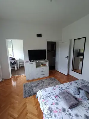 a bedroom with a bed and a flat screen tv at Apartmani Bata I Seka in Vrnjačka Banja