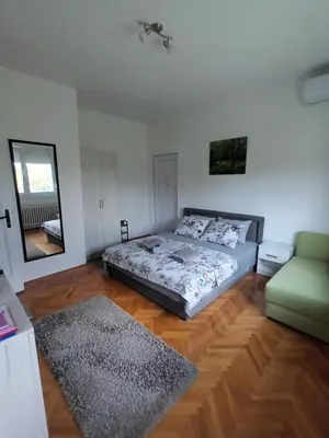 a bedroom with a bed and a couch and a mirror at Apartmani Bata I Seka in Vrnjačka Banja