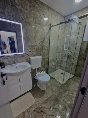 a bathroom with a shower and a toilet and a sink at L apartmani in Soko Banja