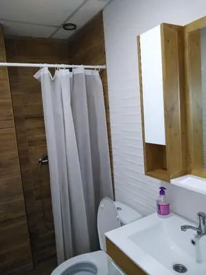 a bathroom with a shower curtain and a toilet at Apartmani Lucky in Vrnjačka Banja