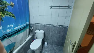 a small bathroom with a toilet and a tub at Apartman Dona in Jagodina