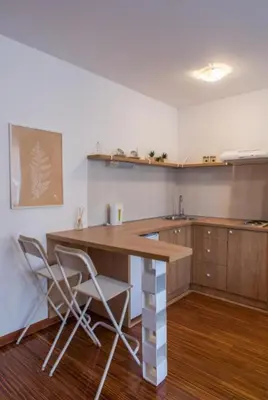 a kitchen with a table and chairs in a room at Dvoristance in Vrnjačka Banja