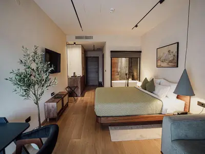 a bedroom with a bed and a living room at Zyra boutique hotel in Leskovac